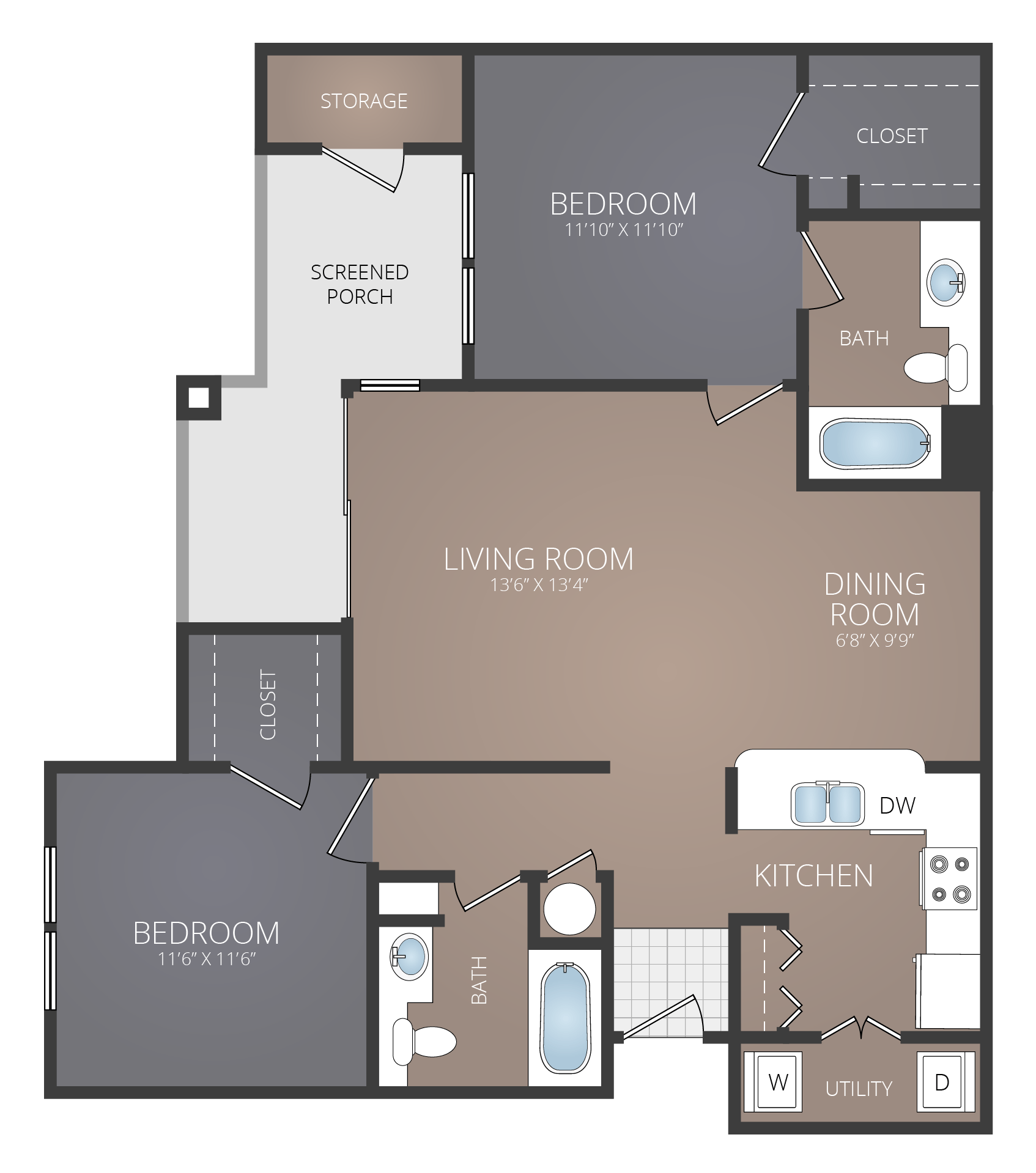 Floor plan for 2 beds, 2 baths, 1040 sqft